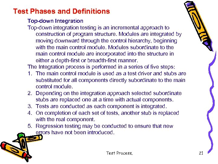 Test Phases and Definitions Top-down Integration Top-down integration testing is an incremental approach to