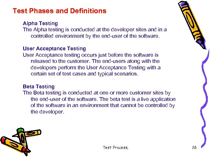 Test Phases and Definitions Alpha Testing The Alpha testing is conducted at the developer