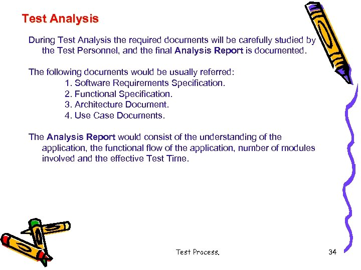 Test Analysis During Test Analysis the required documents will be carefully studied by the