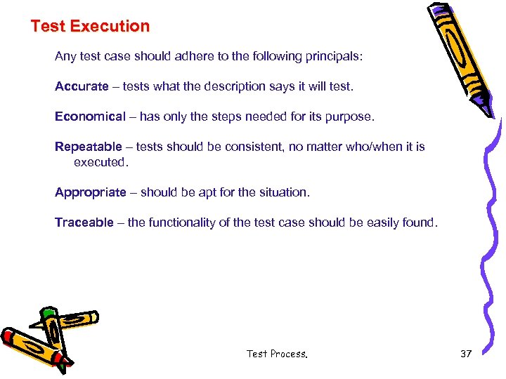 Test Execution Any test case should adhere to the following principals: Accurate – tests
