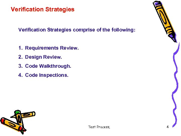 Verification Strategies comprise of the following: 1. Requirements Review. 2. Design Review. 3. Code