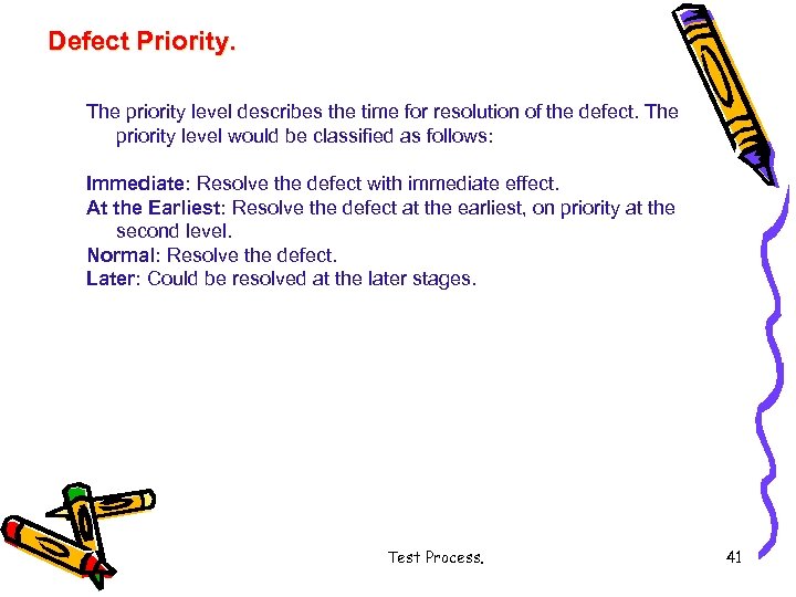 Defect Priority. The priority level describes the time for resolution of the defect. The