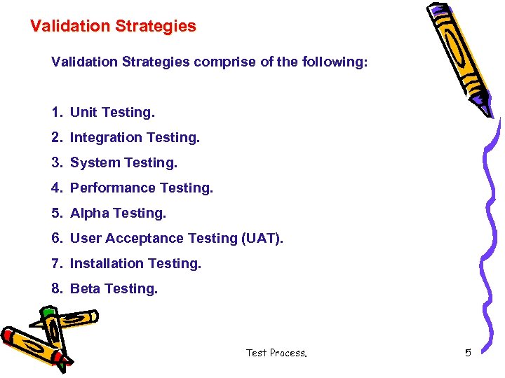 Validation Strategies comprise of the following: 1. Unit Testing. 2. Integration Testing. 3. System