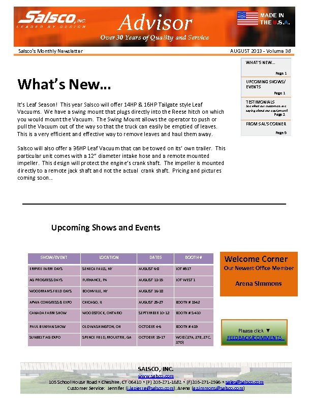 Advisor MADE IN THE U. S. A. Over 30 Years of Quality and Service