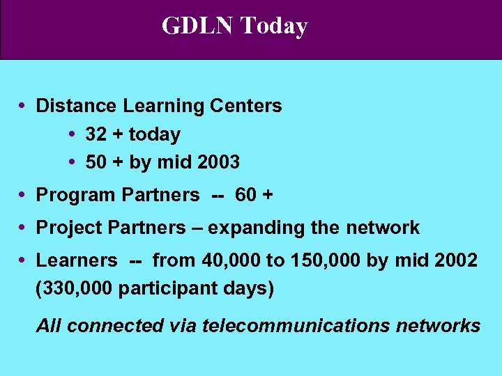 GDLN Today Distance Learning Centers 32 + today 50 + by mid 2003 Program