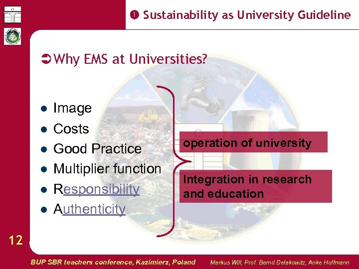  Sustainability as University Guideline Why EMS at Universities? l l l Image Costs