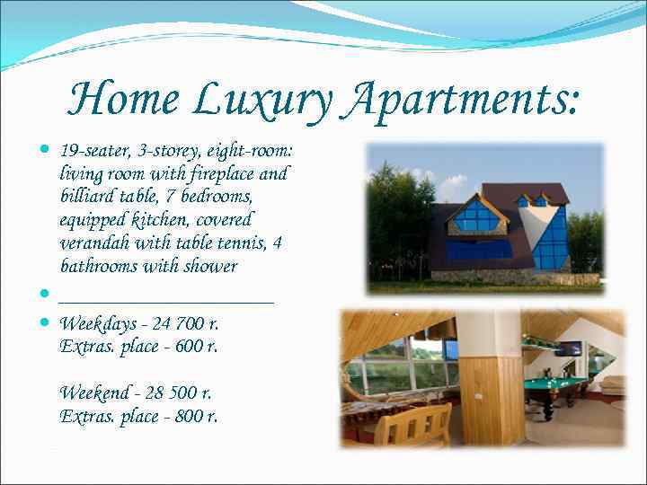 Home Luxury Apartments: 19 -seater, 3 -storey, eight-room: living room with fireplace and billiard