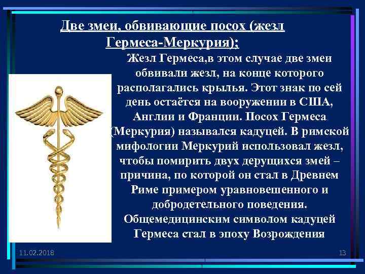 Две змеи, обвивающие посох (жезл Гермеса-Меркурия); Жезл Гермеса, в этом случае две змеи обвивали