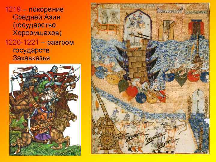 1219 – покорение Средней Азии (государство Хорезмшахов) 1220 -1221 – разгром государств Закавказья 