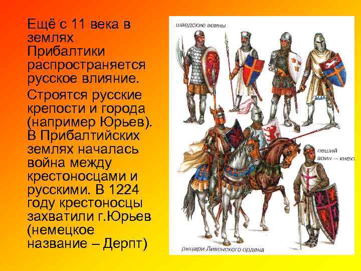 Ещё с 11 века в землях Прибалтики распространяется русское влияние. Строятся русские крепости и