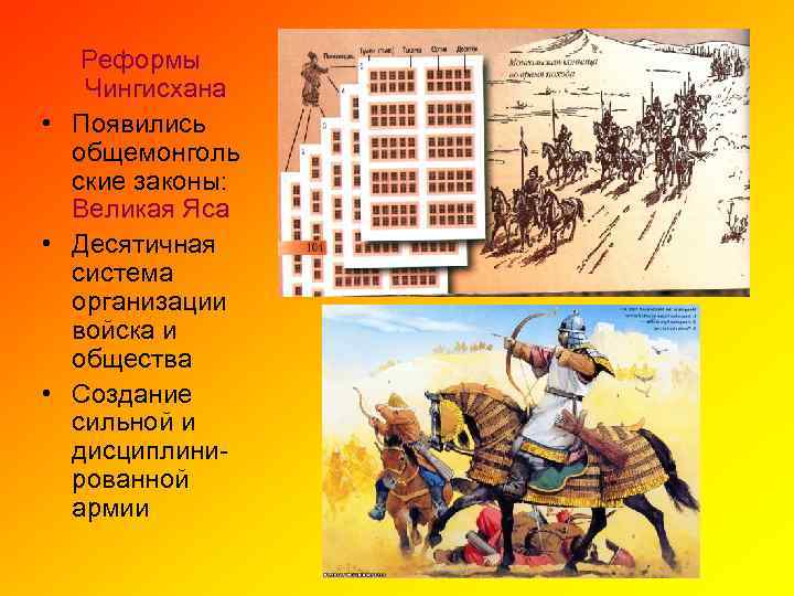 Реформы Чингисхана • Появились общемонголь ские законы: Великая Яса • Десятичная система организации войска