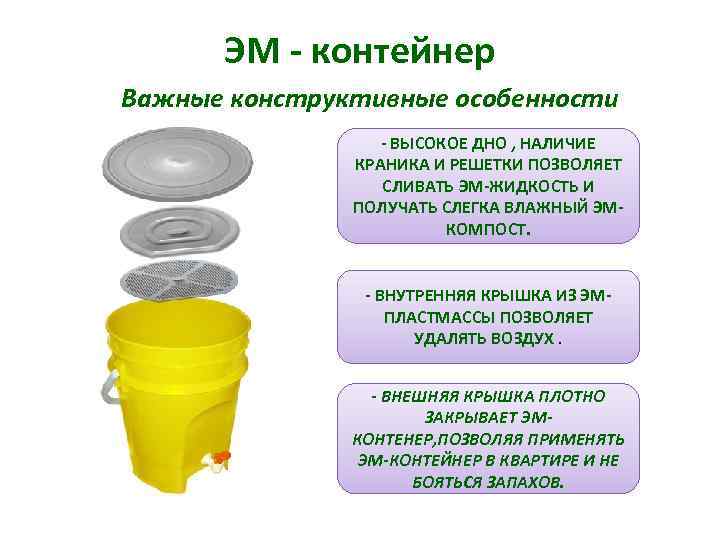 ЭМ - контейнер Важные конструктивные особенности - ВЫСОКОЕ ДНО , НАЛИЧИЕ КРАНИКА И РЕШЕТКИ