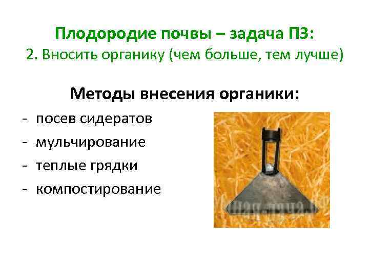 Плодородие почвы – задача ПЗ: 2. Вносить органику (чем больше, тем лучше) Методы внесения