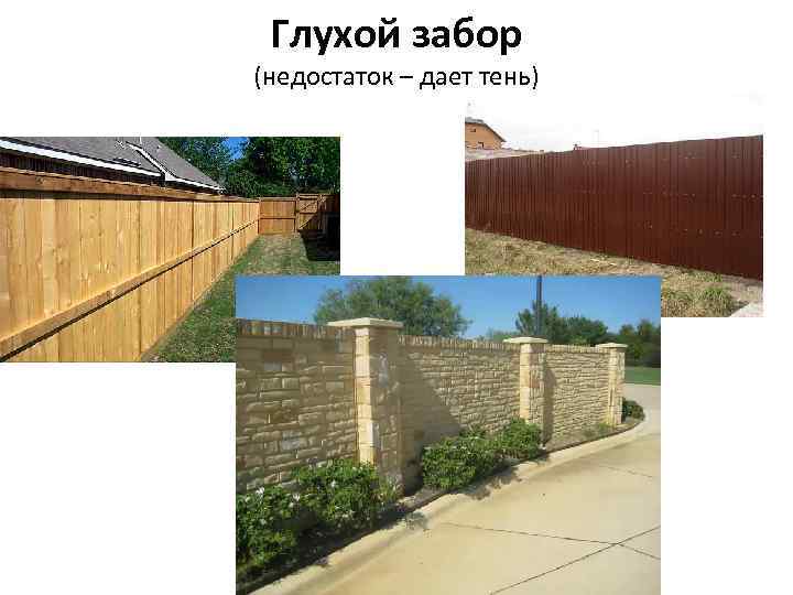 Глухой забор (недостаток – дает тень) 