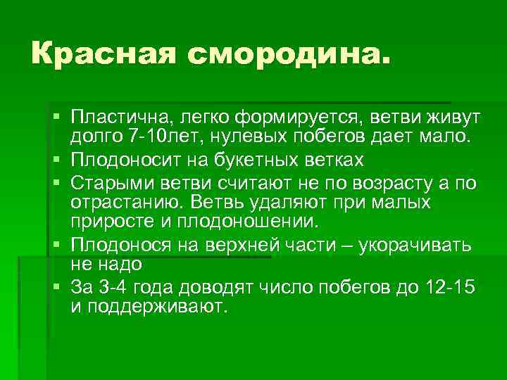 Красная смородина. § Пластична, легко формируется, ветви живут долго 7 -10 лет, нулевых побегов