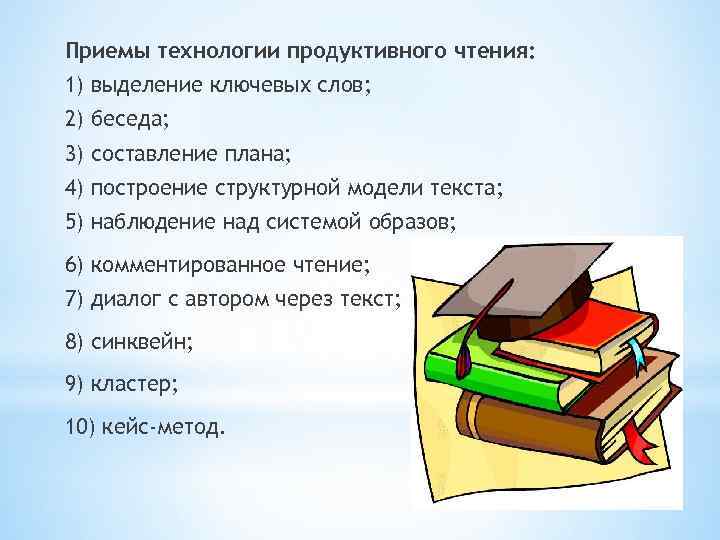 Приемы технологии продуктивного чтения: 1) выделение ключевых слов; 2) беседа; 3) составление плана; 4)
