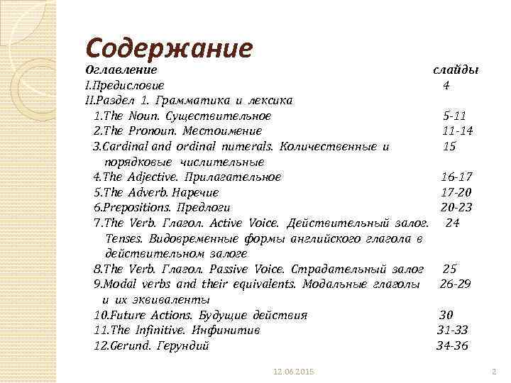 Содержание Оглавление слайды I. Предисловие 4 II. Раздел 1. Грамматика и лексика 1. The