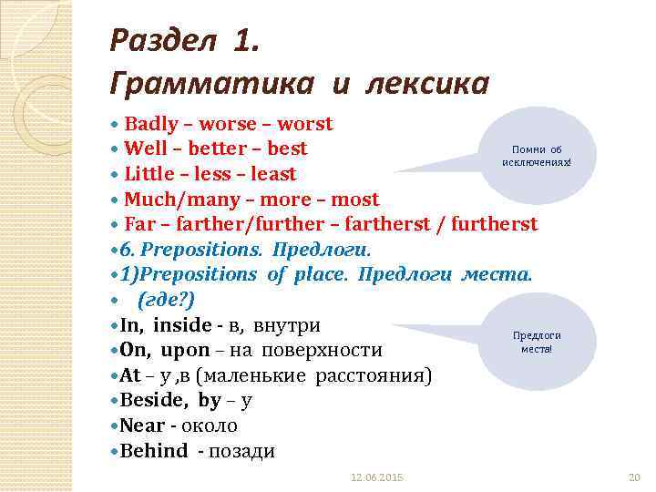 Раздел 1. Грамматика и лексика Badly – worse – worst Помни об Well –