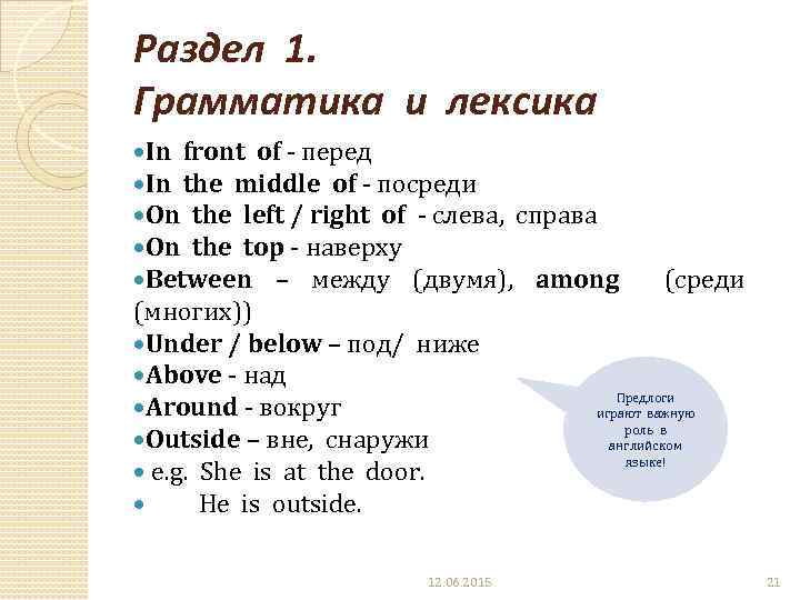 Раздел 1. Грамматика и лексика In front of - перед In the middle of