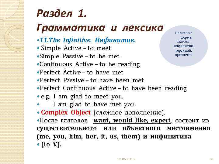 Раздел 1. Грамматика и лексика Неличные формы глагола: инфинитив, герундий, причастие 11. The Infinitive.