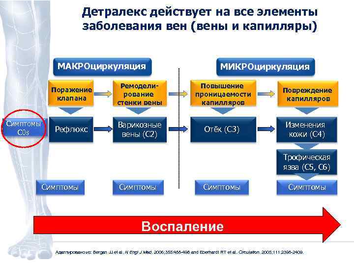 Детралекс действует на все элементы заболевания вен (вены и капилляры) МАКРОциркуляция МИКРОциркуляция Поражение клапана