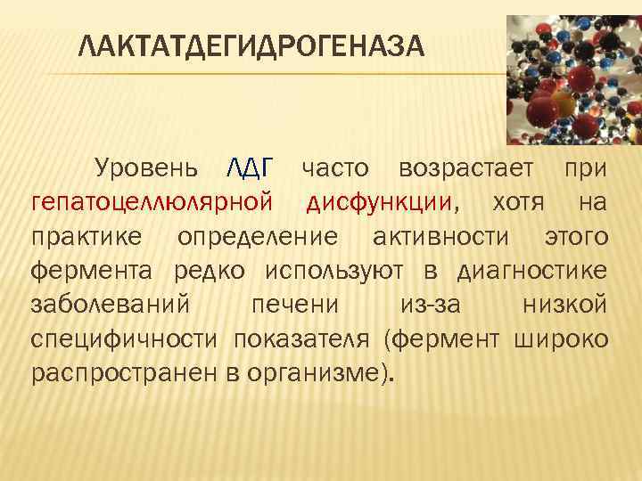 ЛАКТАТДЕГИДРОГЕНАЗА Уровень ЛДГ часто возрастает при гепатоцеллюлярной дисфункции, хотя на практике определение активности этого