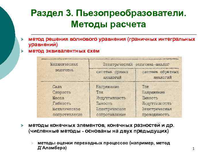 Раздел 3. Пьезопреобразователи. Методы расчета Ø Ø Ø метод решения волнового уравнения (граничных интегральных