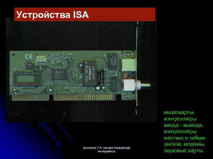 Устройства ISA Ханнанов Т. А. лекция Аппаратные интерфейсы видеокарты, контроллеры ввода - вывода, контроллеры