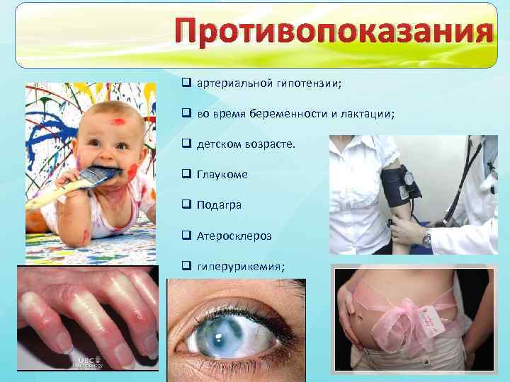 Противопоказания q артериальной гипотензии; q во время беременности и лактации; q детском возрасте. q