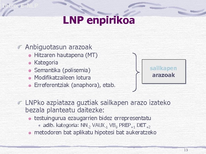 Intro: E-NLP LNP enpirikoa Anbiguotasun arazoak Hitzaren hautapena (MT) Kategoria Semantika (polisemia) Modifikatzaileen lotura