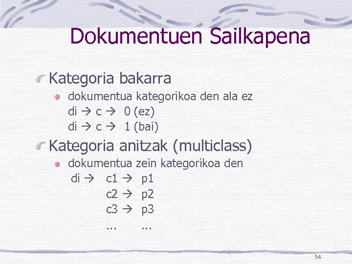 Dokumentuen Sailkapena Kategoria bakarra dokumentua kategorikoa den ala ez di c 0 (ez) di