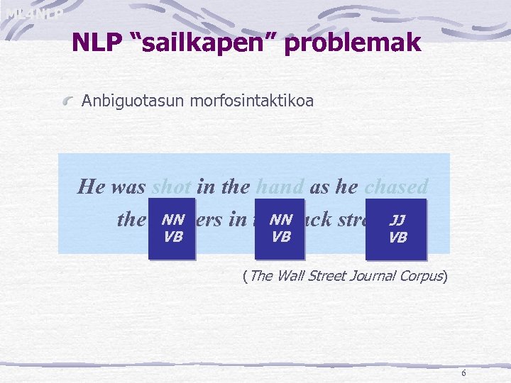 ML 4 NLP “sailkapen” problemak Anbiguotasun morfosintaktikoa He was shot in the hand as