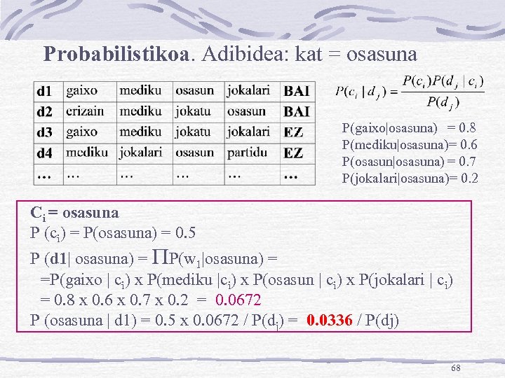 Probabilistikoa. Adibidea: kat = osasuna P(gaixo|osasuna) = 0. 8 P(mediku|osasuna)= 0. 6 P(osasun|osasuna) =