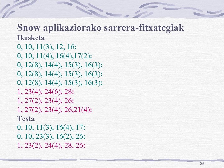 Snow aplikaziorako sarrera-fitxategiak Ikasketa 0, 11(3), 12, 16: 0, 11(4), 16(4), 17(2): 0, 12(8),