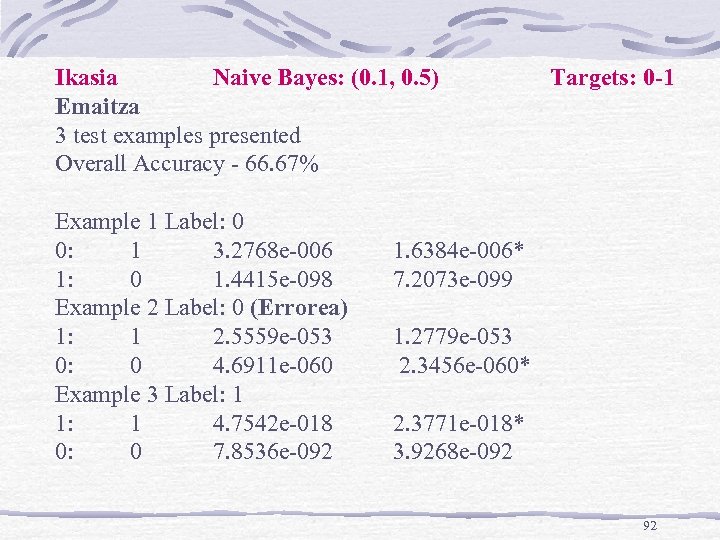 Ikasia Naive Bayes: (0. 1, 0. 5) Emaitza 3 test examples presented Overall Accuracy