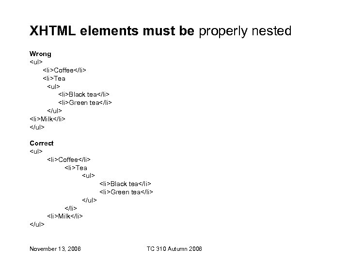 XHTML elements must be properly nested Wrong <ul> <li>Coffee</li> <li>Tea <ul> <li>Black tea</li> <li>Green