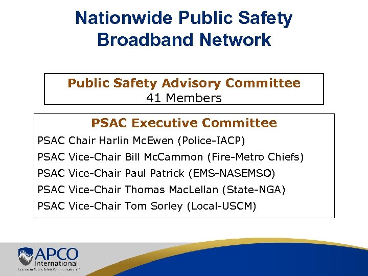 Nationwide Public Safety Broadband Network Public Safety Advisory Committee 41 Members PSAC Executive Committee