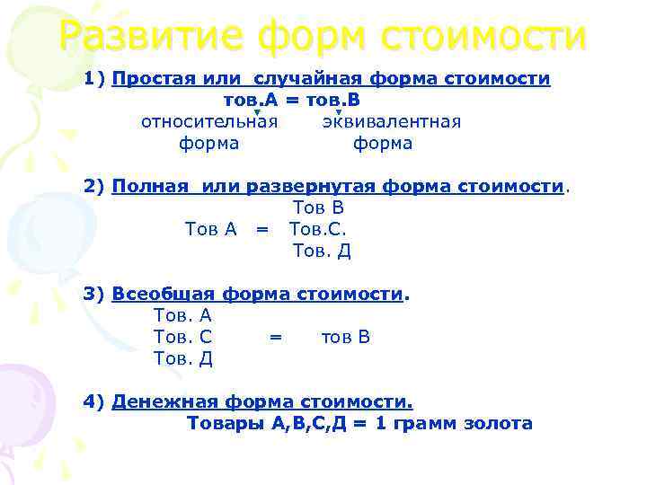 Развитие форм стоимости 1) Простая или случайная форма стоимости тов. А = тов. В