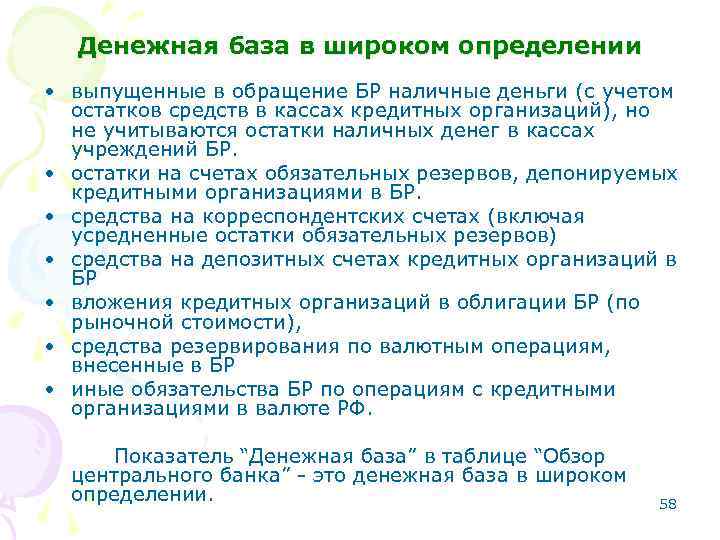 Денежная база в широком определении • выпущенные в обращение БР наличные деньги (с учетом