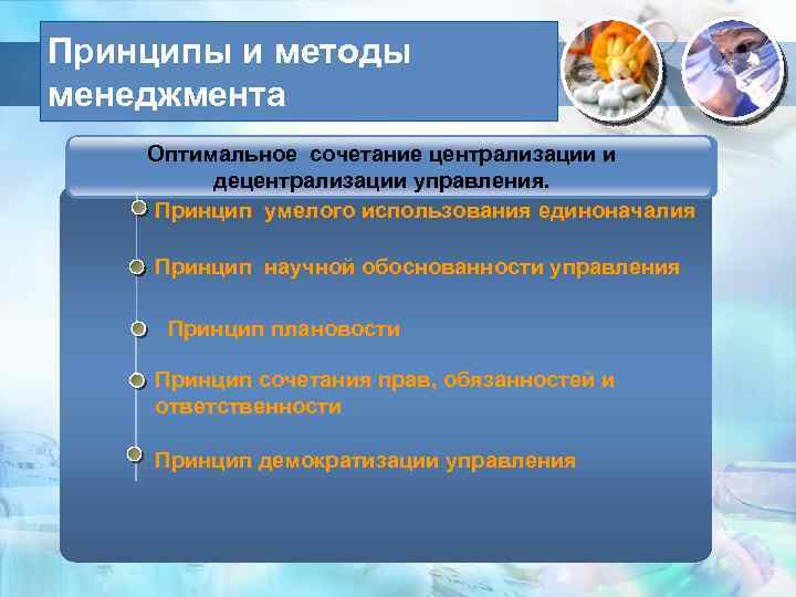 Принципы и методы менеджмента Оптимальное сочетание централизации и децентрализации управления. Принцип умелого использования единоначалия
