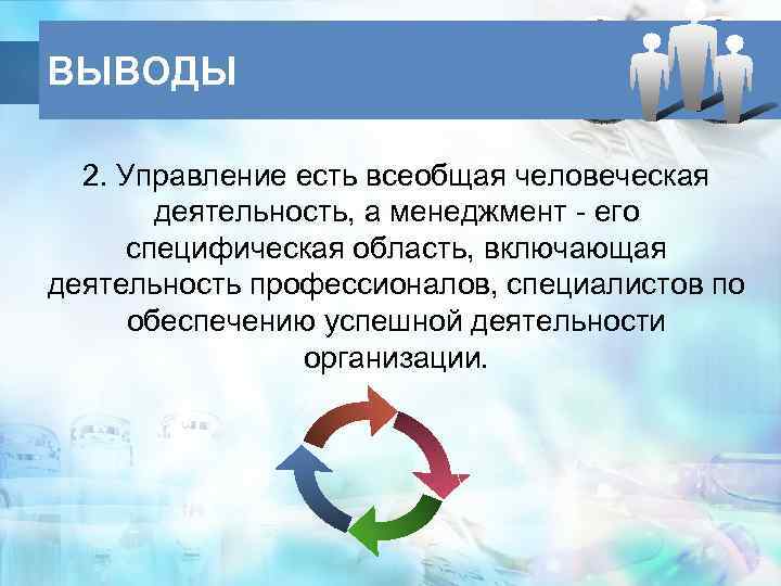 ВЫВОДЫ 2. Управление есть всеобщая человеческая деятельность, а менеджмент - его специфическая область, включающая