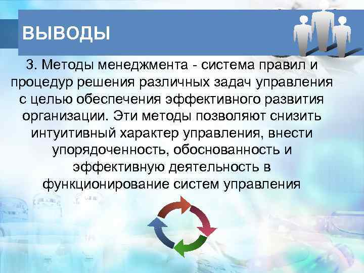 ВЫВОДЫ 3. Методы менеджмента - система правил и процедур решения различных задач управления с