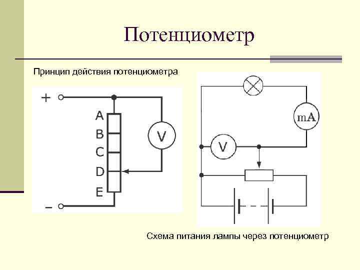 Потенциометр Принцип действия потенциометра Схема питания лампы через потенциометр 