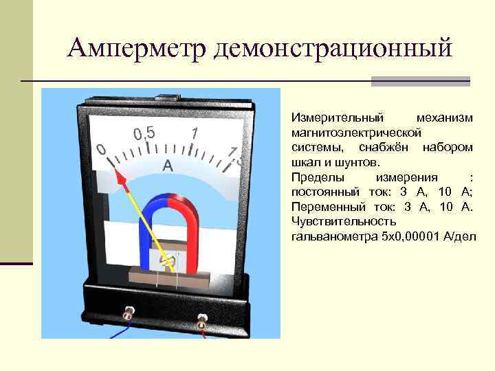 Амперметр демонстрационный Измерительный механизм магнитоэлектрической системы, снабжён набором шкал и шунтов. Пределы измерения :