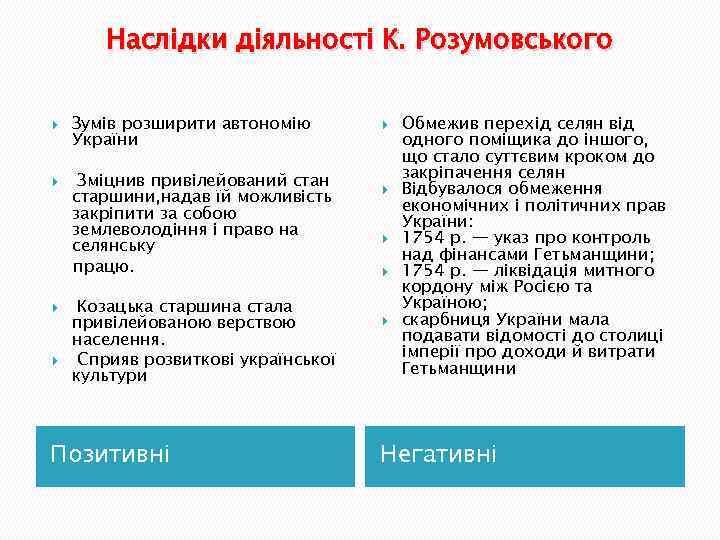 Наслідки діяльності К. Розумовського Зумів розширити автономію України Зміцнив привілейований стан старшини, надав їй