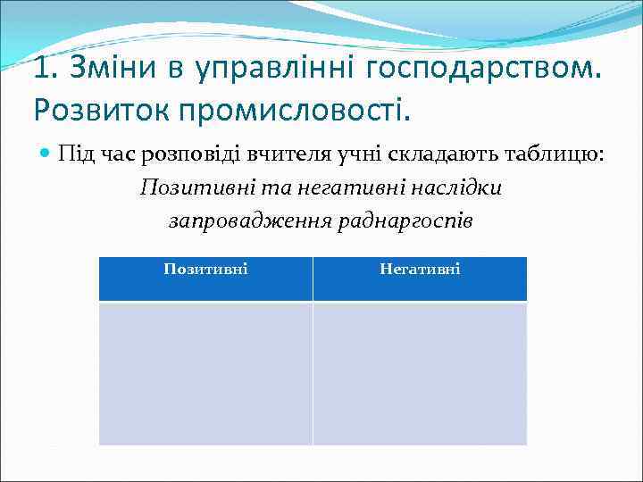 1. Зміни в управлінні господарством. Розвиток промисловості. Під час розповіді вчителя учні складають таблицю: