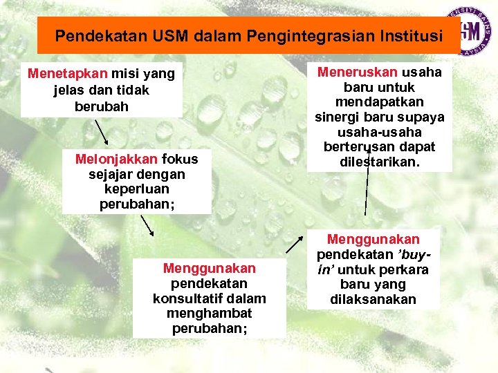 Pendekatan USM dalam Pengintegrasian Institusi Menetapkan misi yang jelas dan tidak berubah Melonjakkan fokus