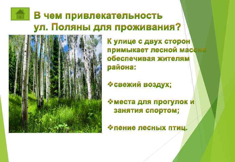 В чем привлекательность ул. Поляны для проживания? К улице с двух сторон примыкает лесной