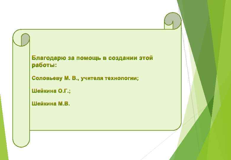 Благодарю за помощь в создании этой работы: Соловьеву М. В. , учителя технологии; Шейкина