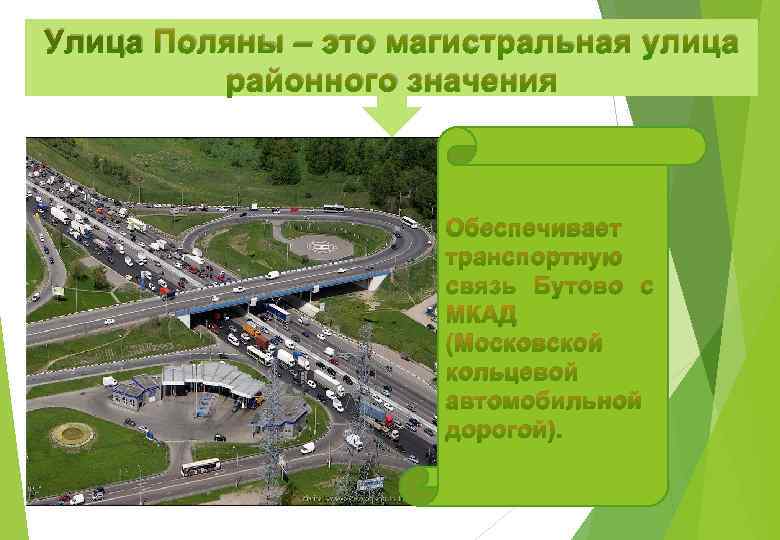 Улица Поляны – это магистральная улица районного значения Обеспечивает транспортную связь Бутово с МКАД